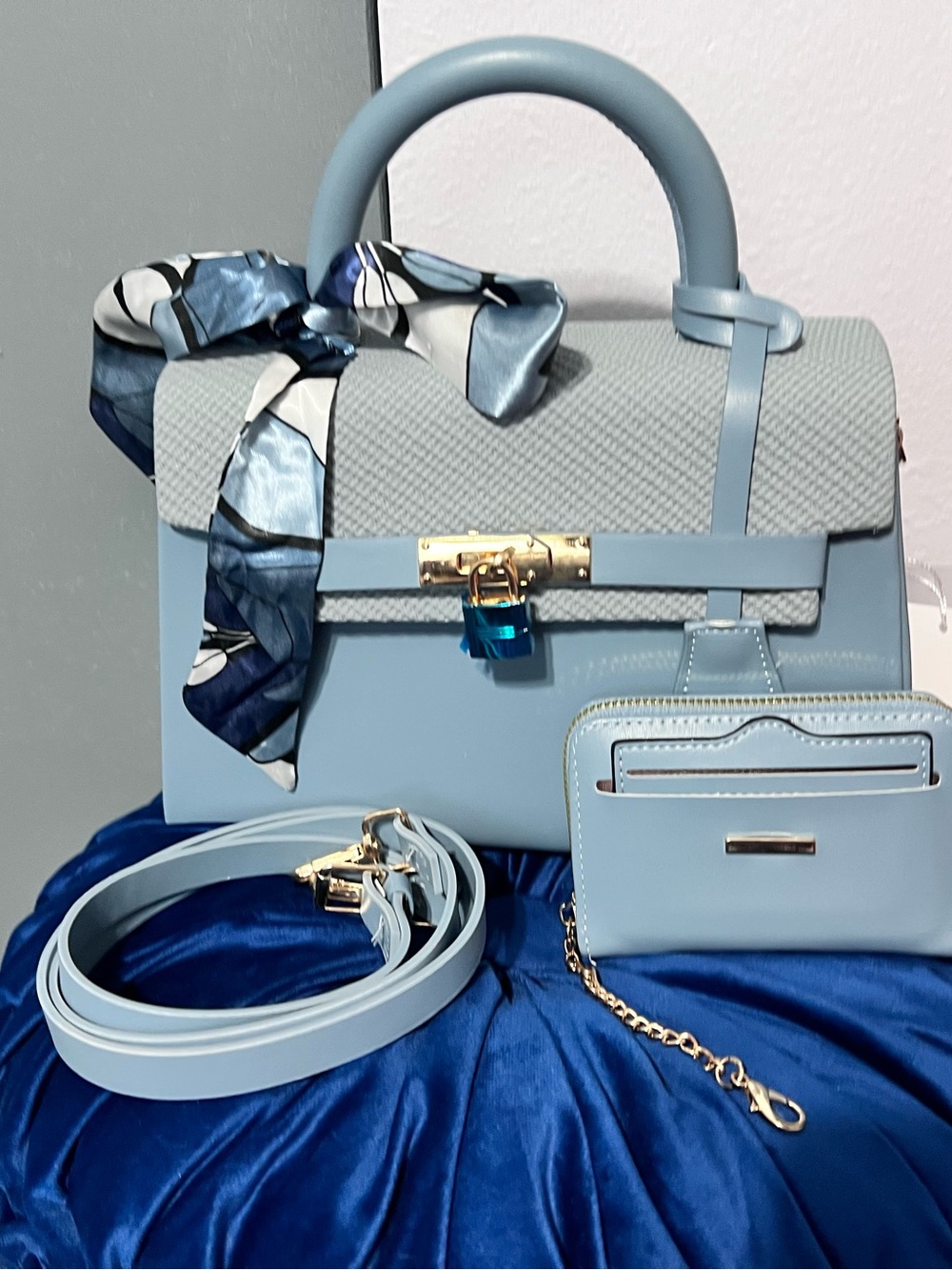 Elegant Light Blue Top-Handle Satchel with Scarf Accent and Matching Wallet